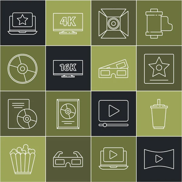 Set line Online oyun videosu, Sulu Paper glass, Hollywood Walk of Fame yıldızı, Movie spotları, Screen TV 16k, CD veya DVD disk, Laptop ve 3D sinema gözlüğü ikonu. Vektör — Stok Vektör