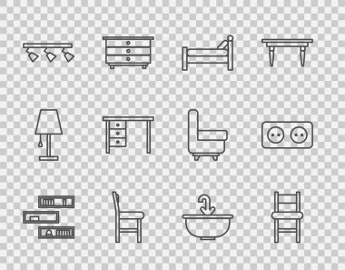 Rafları kitaplar, sandalye, yatak, yol lambaları, ofis masası, lavabo musluğu ve elektrik prizi ikonu ile dizin. Vektör