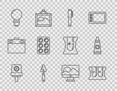 Set hattı spreyi kapağı, kalem açacağı, palet bıçağı, ampul, kutuda suluboya boya boya boya, bilgisayar monitörü ve palet simgesi ile tüp boyayabilir. Vektör