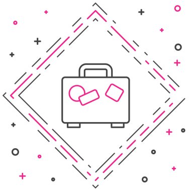 Seyahat simgesi için satır çantası beyaz arkaplanda izole edildi. Seyahat bagaj tabelası. Seyahat bagaj ikonu. Renkli taslak konsepti. Vektör