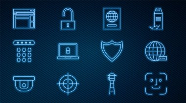 Satır Yüz Tanıma, Sosyal ağ, Pasaport, Laptop ve kilit, Parola koruması, Web sitesi şablonu, Kalkan ve Açık asma kilit simgesi. Vektör