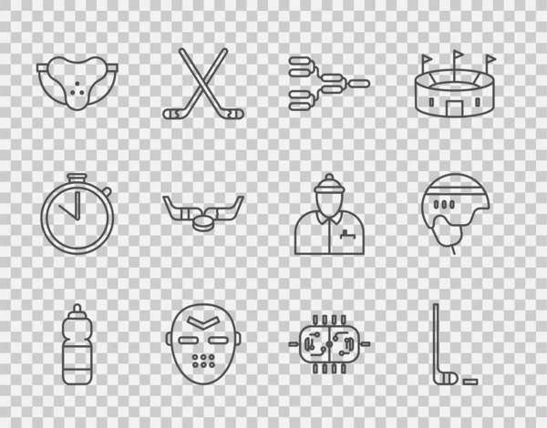 Set line Fitness shaker, Ice hockey stick and puck, Championship tournament bracket, Hockey mask, Protective sport jockstrap, sticks, table and helmet icon. Vector — Stock Vector