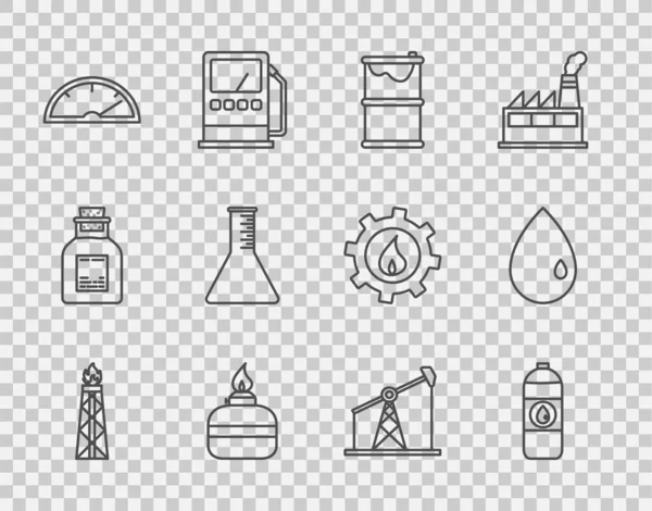 Set line Ölplattform mit Feuer, Kanister für Motorenöl, Barrel Leck, Spiritusbrenner, Tacho, Benzin Reagenzglas, Pumpe Pumpe Wagenheber und Drop-Symbol. Vektor — Stockvektor