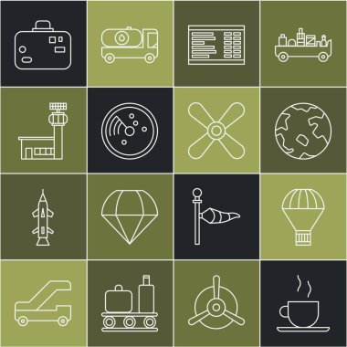 Hat hizasında kahve fincanı, paraşütle uçan kutu, dünya çapında, havaalanı panosu, hedef monitörlü radar, kontrol kulesi, çanta ve uçak pervanesi ikonu. Vektör