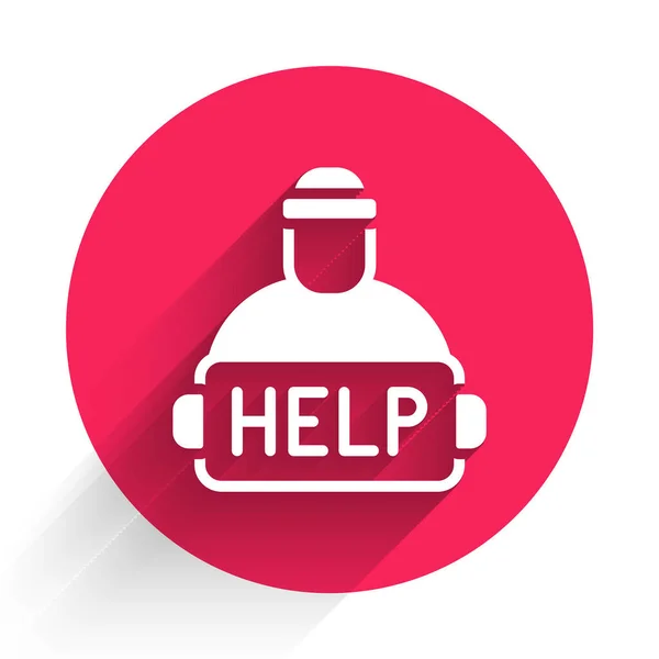White Man with cardboard on the city street is asking for help icon isolated with long shadow background. Poor homeless beggar. Homelessness problem. Red circle button. Vector — Stock Vector