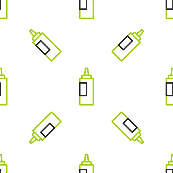 Linia Sos butelka ikona izolowane bezszwowy wzór na białym tle. Butelki keczupu, musztardy i majonezu z sosem do fast foodów. Wektor — Wektor stockowy