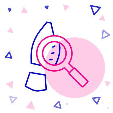 Beyaz arka planda izole edilmiş ayak izi simgesi olan çizgi büyüteç. Dedektif araştırıyor. Ayak izlerini takip etmek için. Renkli taslak konsepti. Vektör