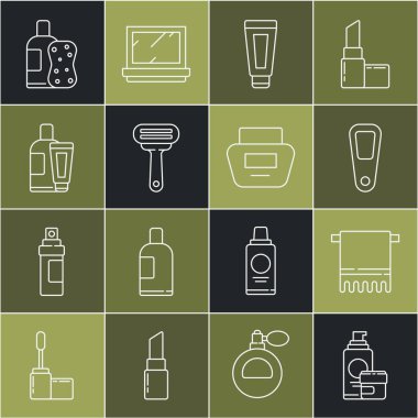 Hat kremi veya losyon kozmetik tüpü, havlu askısı, el aynası tıraş bıçağı, şampuan süngeri ve ikon şişesi. Vektör