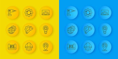 Hat ev planı, Globe of the Earth ve vites, İngiliz anahtarı, ampul, elektrikli matkap, dizüstü bilgisayar ve dişli okları çalışma akışı ikonu olarak ayarla. Vektör