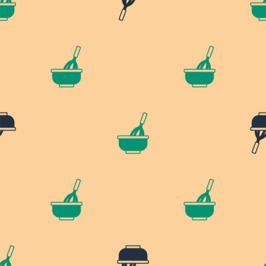 Yeşil ve siyah mutfak çırpıcısı, bej arka planda izole edilmiş kase simgesi var. Mutfak aletleri, yumurta çırpıcı. Çatal bıçak seti. Yemek karışımı sembolü. Vektör