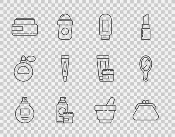 Set line Parfém, Spojka taška, Krém nebo krém kosmetické trubice, Malty a paličky a ruční zrcadlo ikony. Vektor — Stockový vektor