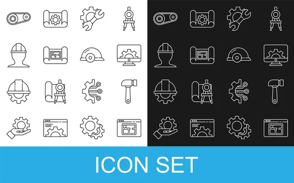 Set line House plan, Hammer, Computer monitor and gear, Wrench spanner, Worker safety helmet, Timing belt kit and icon. Vector — Stock Vector