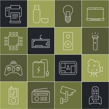 Hat Telefon, Retro sinema kamerası, Fener ışığı, fikir konseptli ampul, Klavye, İşlemci mikrodevreleri, Yazıcı ve Stereo hoparlör ikonu. Vektör