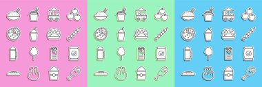 Tavuk budu, patates cipsi, ızgara şiş kebap, fast street food seti, milkshake, pizza, kase içinde pilav ve hamburger ikonu. Vektör