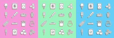 Cracker bisküvisi, Khinkali kesim tahtası, ızgara şiş kebap, samanlı soda kutusu, köfte ahşap sopa, dondurma, waffle konisi ve krep ikonu. Vektör