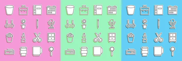 Set line Magnifying glass, Drawer with documents, Office chair, folders, Flower pot, Router and wi-fi signal, Trash can and Pencil eraser icon. Vector — Stock Vector