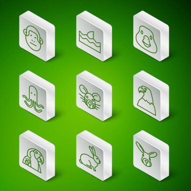 Çizgi halinde Tavşan kafası, Maymun, Sıçan, Ahtapot, Okyanus dalgasında Köpekbalığı yüzgeci, Papağan ve Kartal ikonu. Vektör