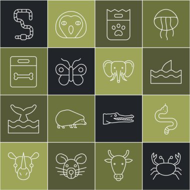 Yengeç, Yılan, köpekbalığı yüzgeci okyanus dalgası, yiyecek çantası, kelebek, köpek kemiği, solucan ve fil ikonu. Vektör