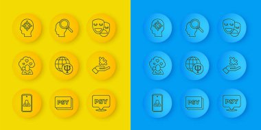 Çevrimiçi psikolog, kırık kalp ya da boşanma, psikoloji, Psi, sorunun çözümü, Bulma, Komedi ve trajedi maskeleri ve ikon. Vektör