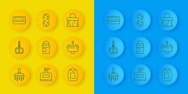 Duş başlığı, tırnak makası, terleme önleyici deodorant rulo, şampuan şişesi, çeşmeli lavabo, sabun, süpürge ve sünger ikonu. Vektör