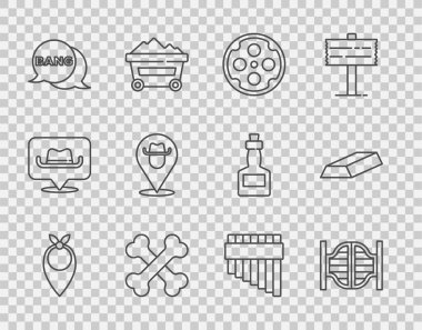 Kovboy bandanası, bar kapısı, Revolver silindiri, çapraz insan kemikleri, bang boom, silah çizgi romanı, konum kovboyu, Pan flüt ve altın bar ikonu. Vektör