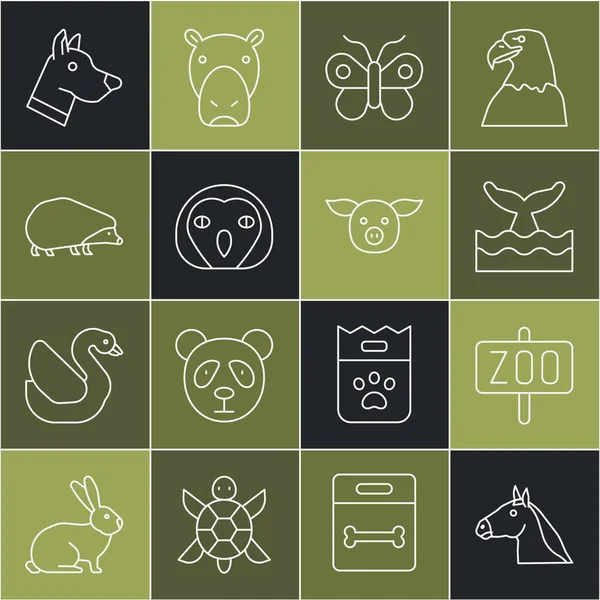 Set line Horse head, Zoo park, Whale tail in ocean wave, Butterfly, Owl bird, Hedgehog, Dog and Pig icon. Vector — Stock Vector