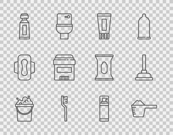 Szappanos vödör, mosópor, fogkrém cső, fogkefe, izzadásgátló dezodortekercs, borotvahab és gumidugattyú ikon. Vektor — Stock Vector
