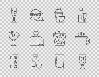 Bar, bir bardak bira, kokteyl, alkol içeceği rom, şampanya, viski şişesi ve bardak, su ve kahve bardağı ikonu olan bir tabela koy. Vektör