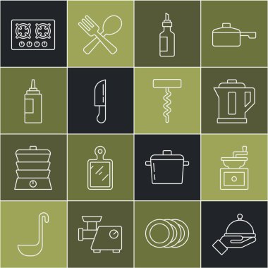 Tepsi, manuel kahve öğütücüsü, elektrikli su ısıtıcısı, şişe zeytinyağı, bıçak, sos şişesi, gaz sobası ve şarap tirbuşonu ile kaplanmış bir hat. Vektör