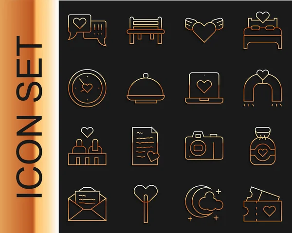 Set Love ticket, Schokobonbons, Magnet, Herz mit Flügeln, Abdecktablett, Uhrenherz, Sprechblase und Dating-App Online-Icon. Vektor — Stockvektor