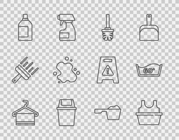 Set line Toalla en percha, Lavabo con camisa, Cepillo de inodoro, Papelera, Botella para agente de limpieza, Derrame de agua, Lavado de polvo y Temperatura icono de lavado. Vector — Archivo Imágenes Vectoriales