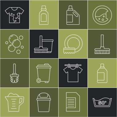 Damar temizleme, temizlik malzemesi için şişe süpürge, süpürge kovası, sabun köpüğü, kirli tişört ve bulaşık yıkama ikonu. Vektör