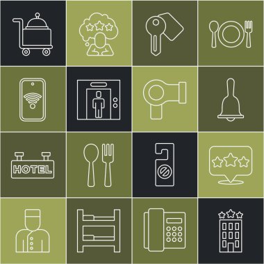 Hat hattı otel binası, beş yıldızlı değerlendirme, servis zili, kapı kilidi anahtarı, kablosuz cep telefonu kablosuz cep telefonu, kapaklı tepsi ve saç kurutma ikonu. Vektör