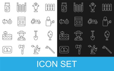 Bahçe çapası, elmalı ağaç, su kovası, bostan korkuluğu, bitki, traktör, reçel kavanozu ve kamyonet ikonu dolu paketler. Vektör