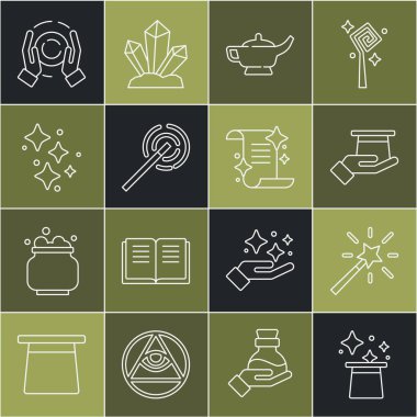 Sihirli şapka, değnek, eldeki sihirbaz, lamba ya da Alaaddin, sihirli parlayan yıldızlar, top ve Eskiler 'in kitap ikonu. Vektör