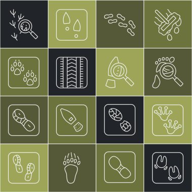 Yaban domuzu ayak izi, Kurbağa ayak izi, ayak izli büyüteç, insan ayak izleri, lastik izi, Paw, Bird ve ikon. Vektör