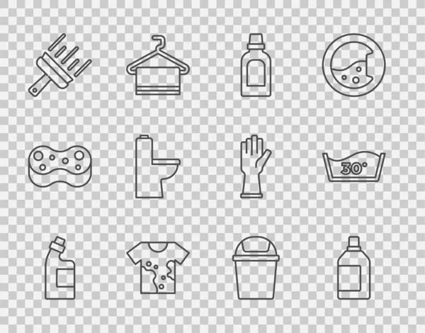 Set line Bottle for cleaning agent, Dirty t-shirt, Rubber cleaner windows, Toilet bowl, Trash can and Temperature wash icon. Vector — Stock Vector