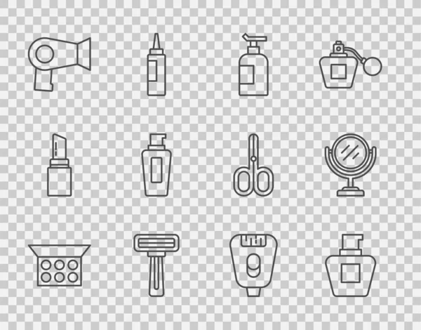 Makyaj tozunu ayna, krem losyon kozmetik tüpü tıraş bıçağı, saç kurutma makinesi, şampuan şişesi, Epilatör ve yuvarlak makyaj ikonu ile ayarla. Vektör