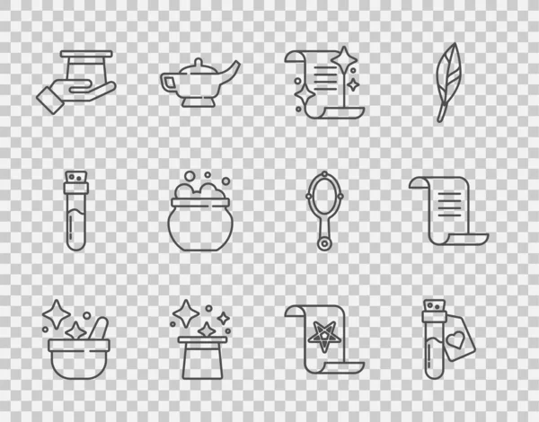 Witch cauldron, Bottle with love potion, Ancient magic book, Magic hat, Magician in hand, and icon. Vector — 스톡 벡터