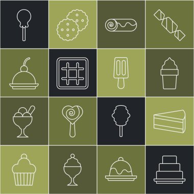 Çizgi pasta, kek dilimi, kremalı dondurma, çikolatalı çörek, waffle, vişneli cheesecake, lolipop ve ikon. Vektör