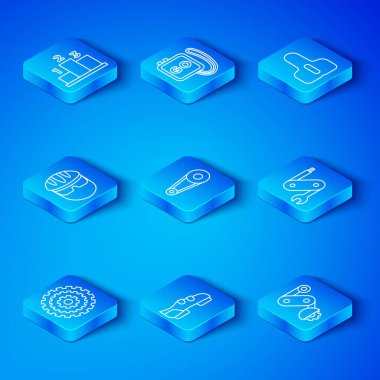 Sıralı bisiklet kaseti, teçhizat, ayakkabı, İsviçre çakısı, koltuk, kask, spor şampiyonu podyumu ödülü ve Derailleur bisiklet arka ikonu. Vektör