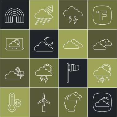 Hava tahminleri, karlı ve güneşli bulut, güneş bulutlu hava, fırtına, ay, gökkuşağı ve ikon. Vektör