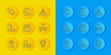 Geri dönüşüm kutusu, su problemi, enkaz petrol tankeri gemisi, yüz koruyucu maske, güneş enerjisi paneli, ölü balık, denizde yüzen şamandıra ve küresel ısınma ikonu. Vektör