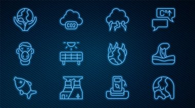 Küresel ısınma, tsunami, fırtına, güneş enerjisi paneli, yüz koruma maskesi, Dünya 'yı tutan el küresi, ateş ve CO2 emisyon bulutu ikonu. Vektör