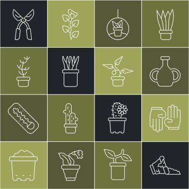 Çizgi, kırık tencere, lastik eldiven, vazo, asılı vazo, egzotik tropikal bitki, el yapımı makas ve ikon. Vektör
