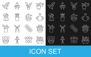 Sırayı ayarla saksıya bitki, vazo, vazo, hazır, tropikal yapraklar ve kaktüs peyote ikonu. Vektör