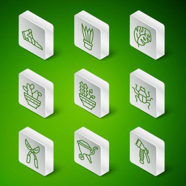 Hattı ayarla. Su püskürtme şişesi, çamurlu el arabası, kırık tencere, bitkiler, kaktüs peyoti, el yapımı makas ve böcek ikonu. Vektör