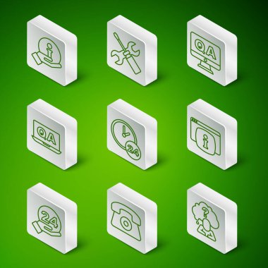 Hat başını soru işareti, Telefon 24 saat desteği, Bilgi, Saat, Soru ve Cevap, tornavida anahtarı anahtarı anahtarı ve SSS bilgi simgesi ile ayarla. Vektör