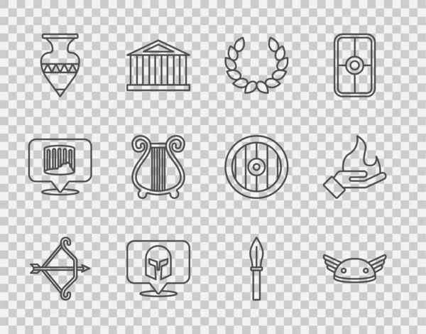 Set line Arc médiéval avec flèche, ailes de casque, couronne de laurier, casque grec, amphores anciennes, lyre, lance et main tenant icône de feu. Vecteur — Image vectorielle