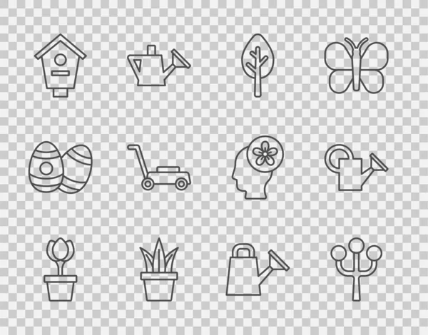 Setzen Sie Linie Blume Tulpe im Topf, Blume Baum Zweig, Wald, Pflanze, Vogelhaus, Rasenmäher, Gießkanne und Symbol. Vektor — Stockvektor